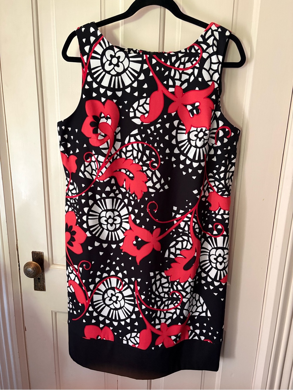 Sleeveless Black Midi Dress with Red & White Floral Print